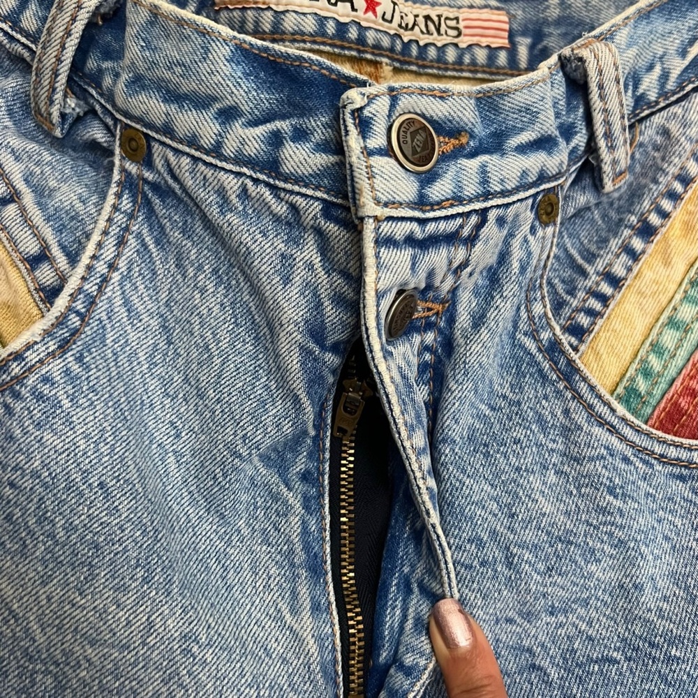Vintage Zena Size 2 Blue Acid Wash Rainbow Colorful Pockets Straight Leg Jeans - Picture 4 of 9